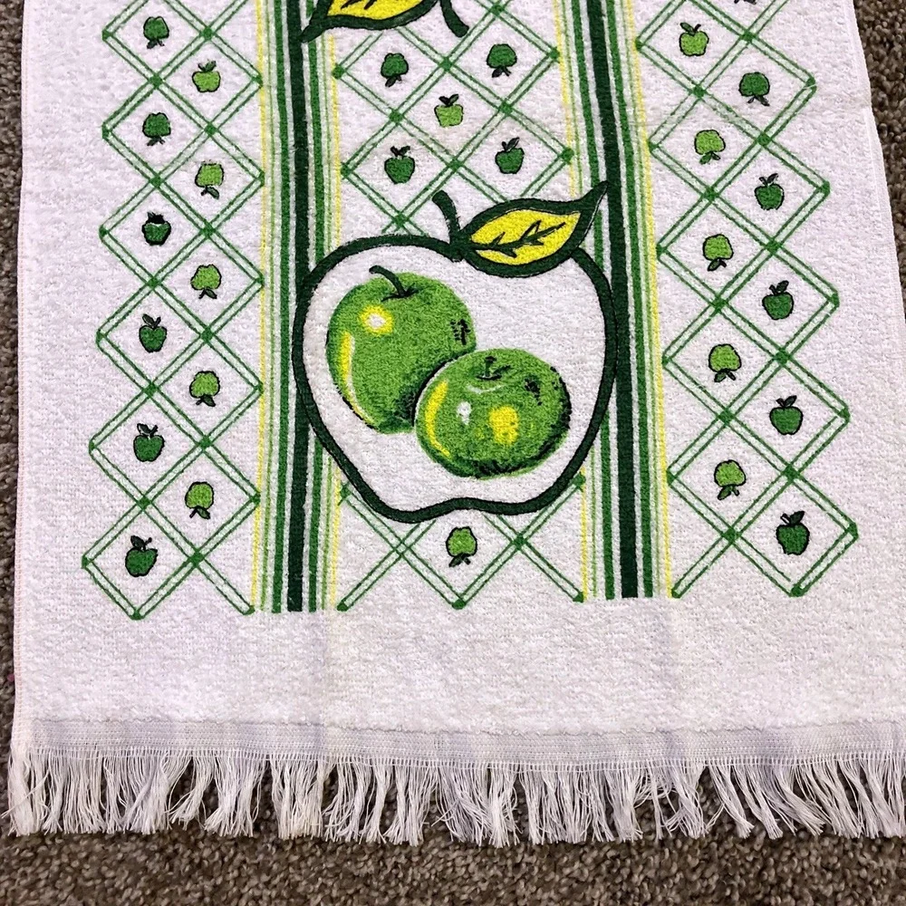 VTG‎ CANNON Hand Kitchen Towel Fringe 70s NOS Green Apple Fruit Stripe Checkered